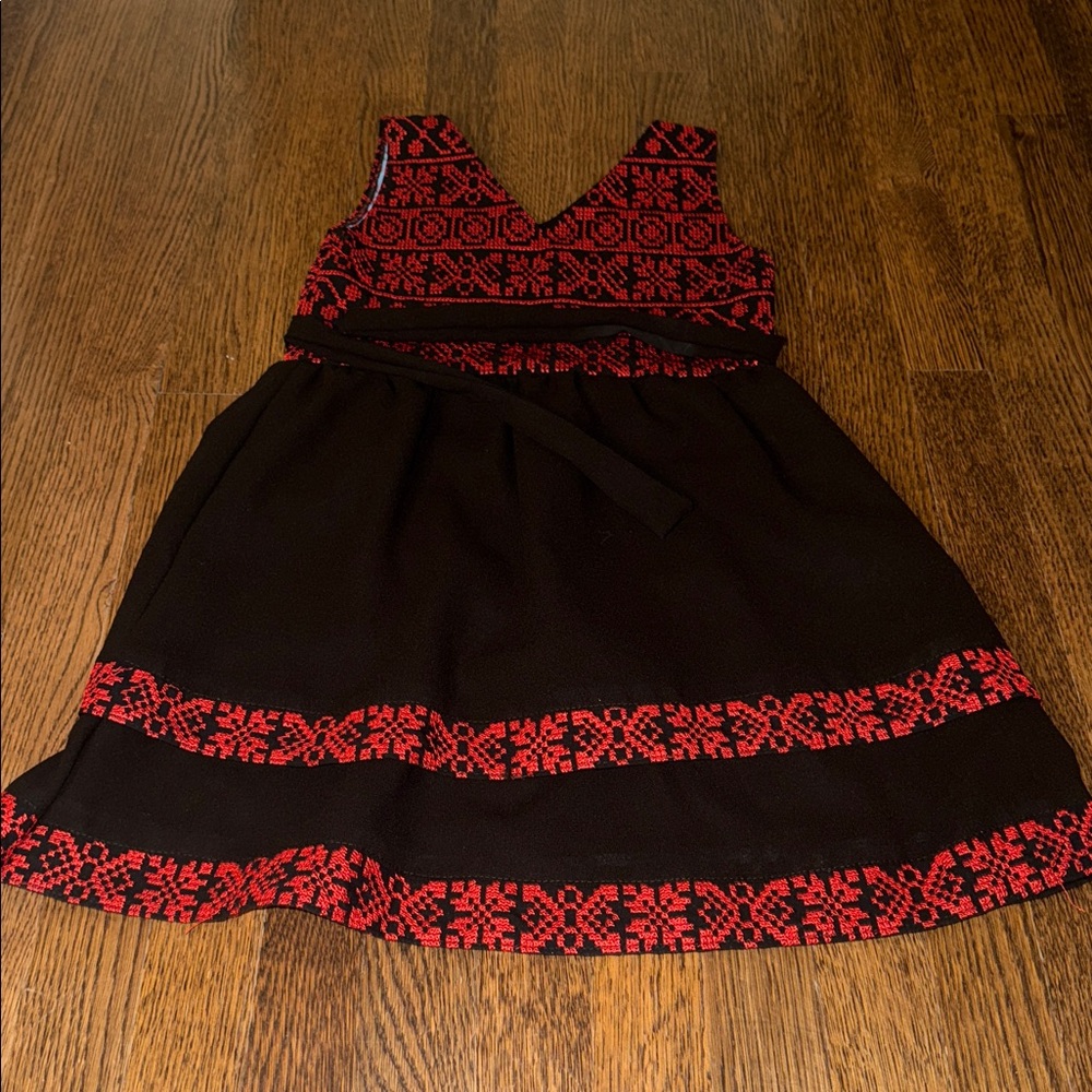 Girls Palestinian Jordanian Thobe Black and Red Embroidered Chiffon Dress - Picture 3 of 4